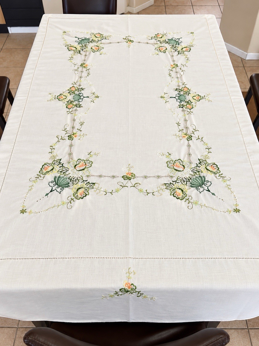 Vintage Style Embroidered Tablecloth 82x64 Off White Floral Cottagecore Linen