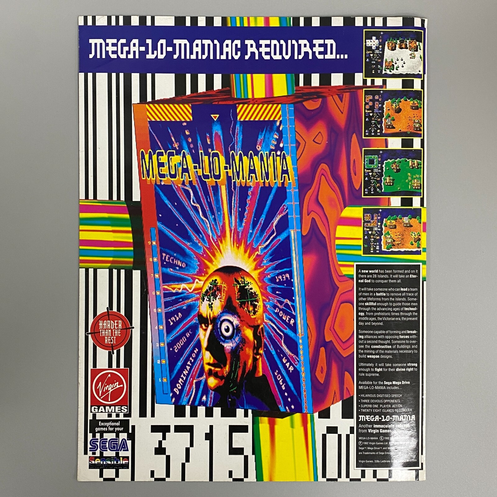 MEGA-LO-MANIA VIDEO GAME SEGA MEGA DRIVE VIRGIN GAMES 1993 VINTAGE RETRO ADVERT