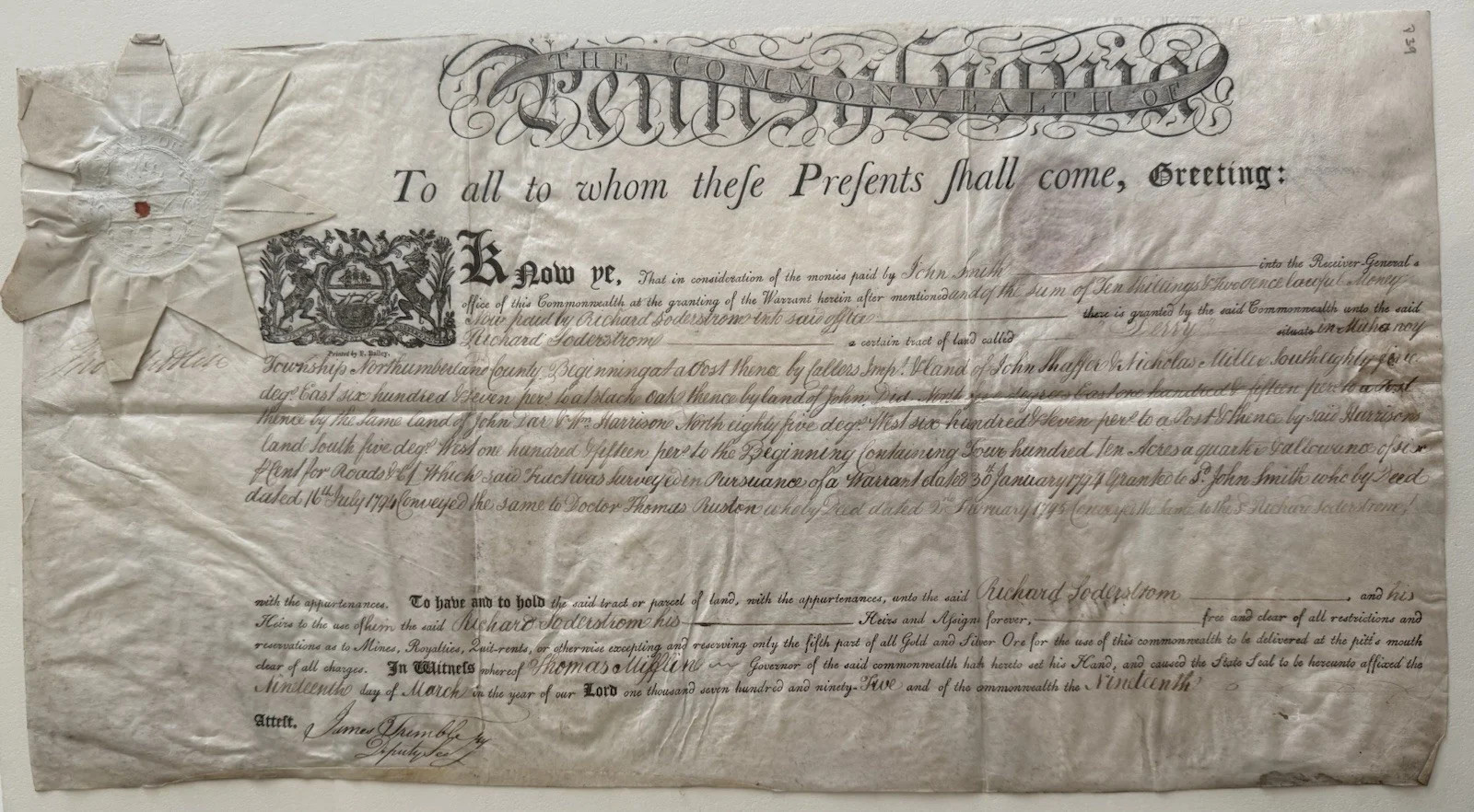 RARE 1795 THOMAS MIFFLIN SIGNED PENNSYLVANIA LAND GRANT