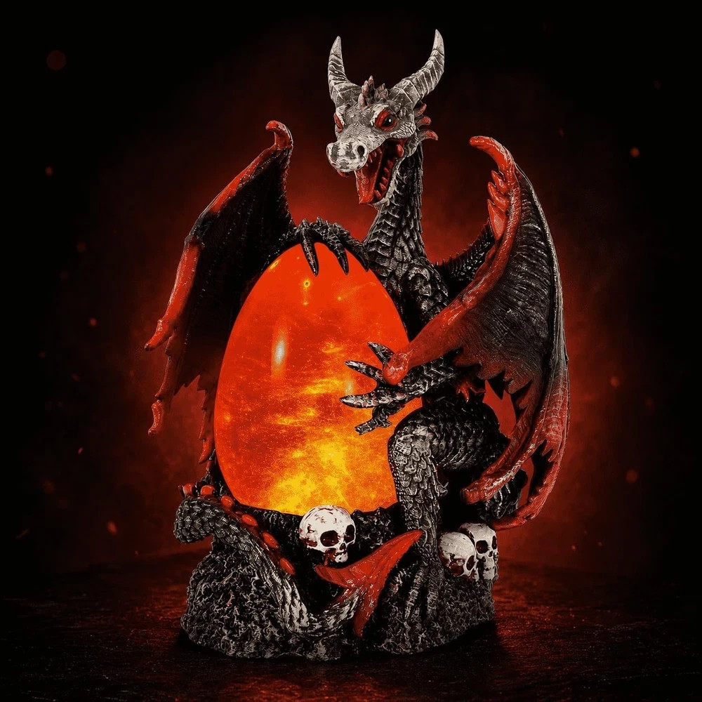 Fire Dragon Glitter Snow Globe, 11.75 Inch Dragon Egg Night Light with Skull ...
