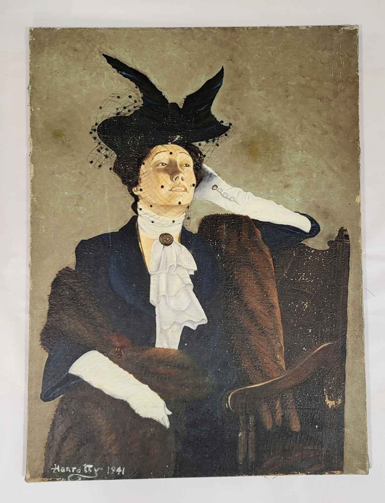 Vintage AMERICAN 20th Art Deco OIL PAINTING on CANVAS PORTRAIT by Hanratty
