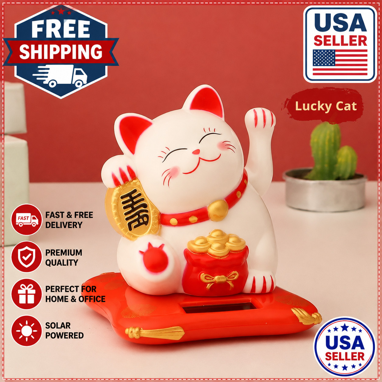 Solar Powered Lucky Beckoning Cat Waving Wealth Fortune Home Office Decor White