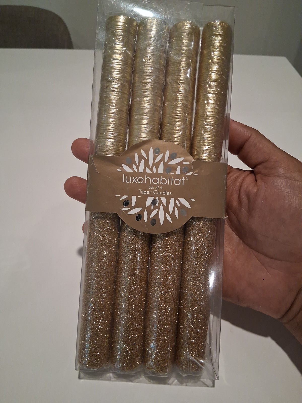 NEW Luxe Habitat Gold Glitter Taper Candles 4 Pack Elegant Holiday Table Decor