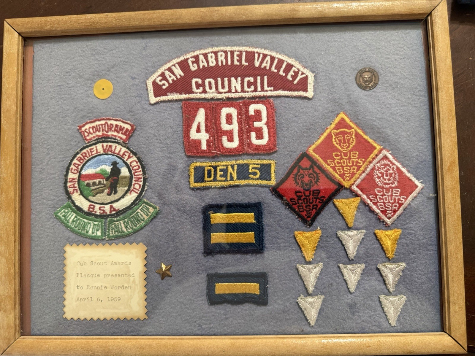Vntg Framed Cub Scout/boy Scouts Patches San Gabriel Valley Council Circa 1959