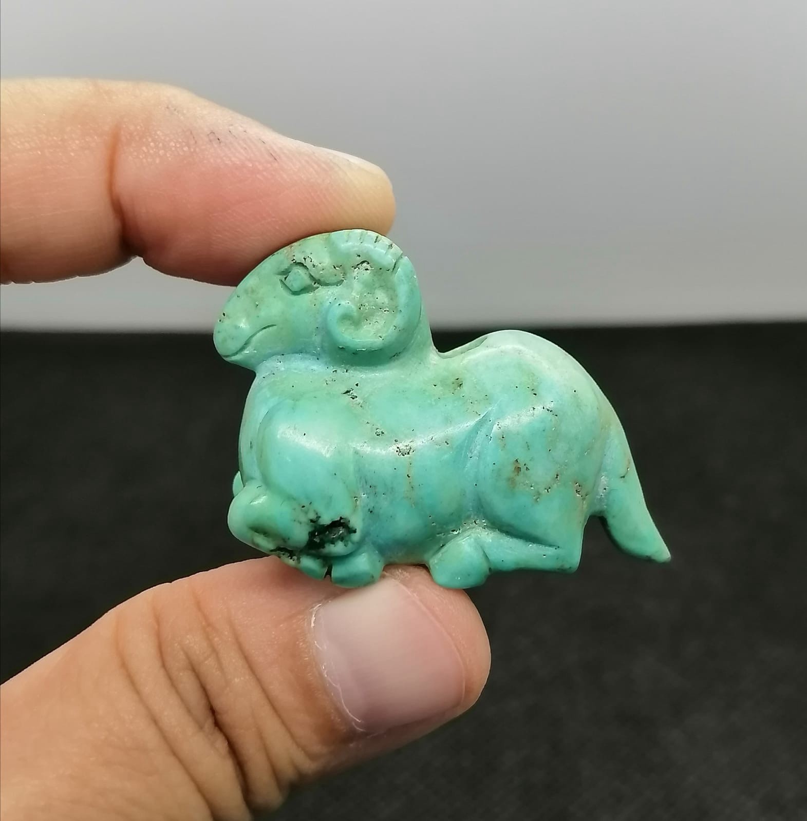 Antique Turquoise Stone Carved Ram Sheep Amulet Bead Animal Pendant