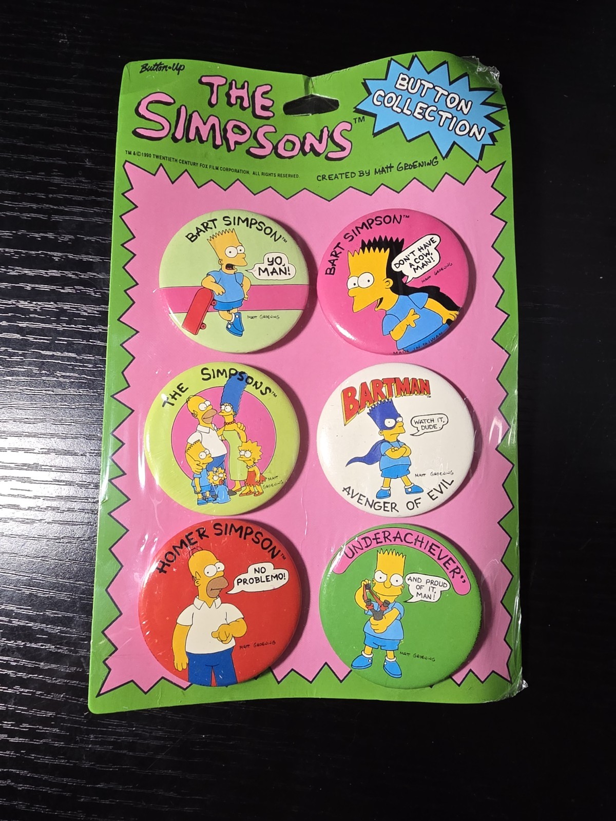 New- Vintage 1990 Simpsons BUTTON Set of 6 -Bart Homer Marge Lisa Maggie Bartman
