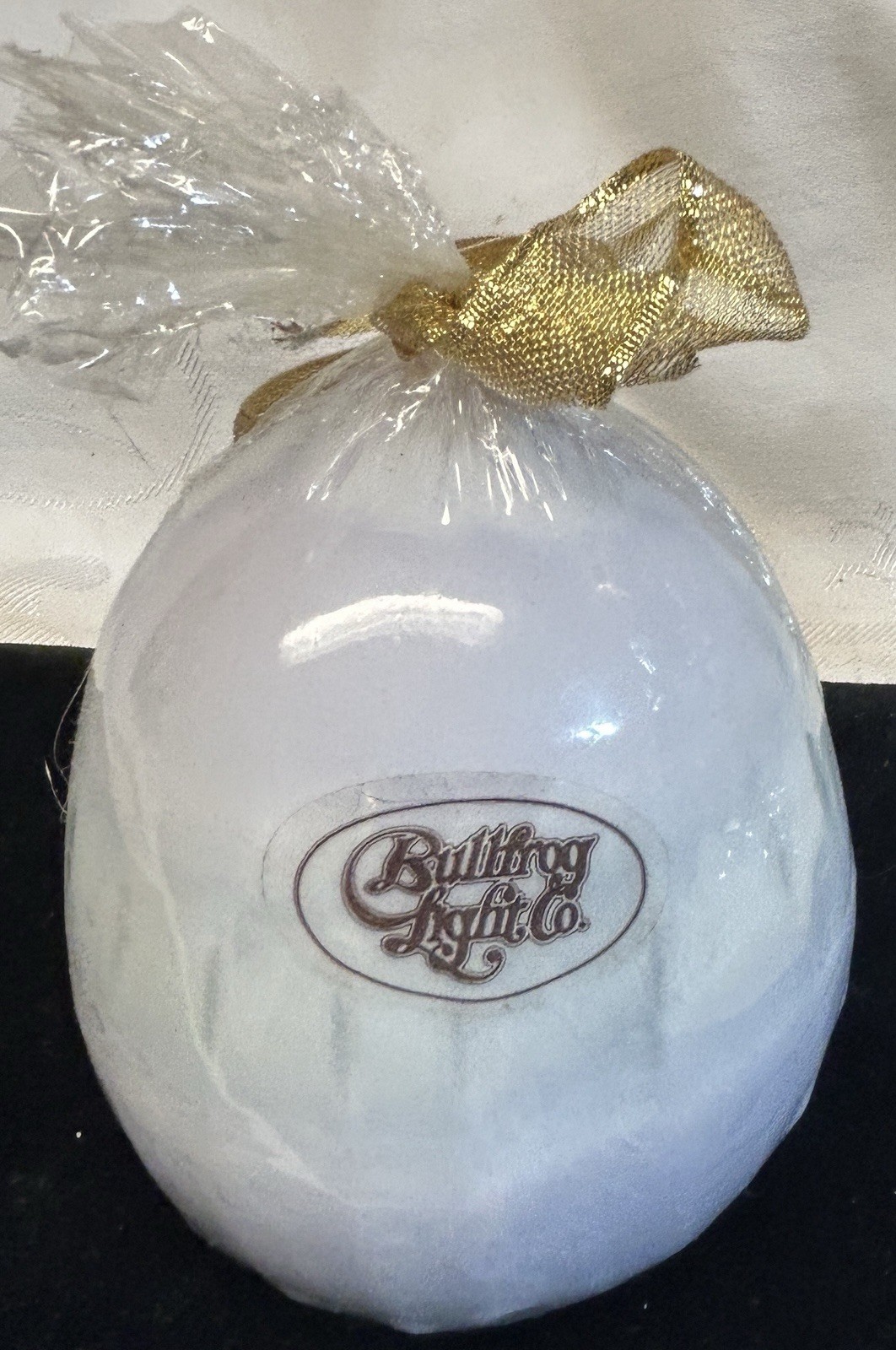 Bullfrog Light Company   Light BLUE EASTER EGG w original ribbon & Label  4 3/4