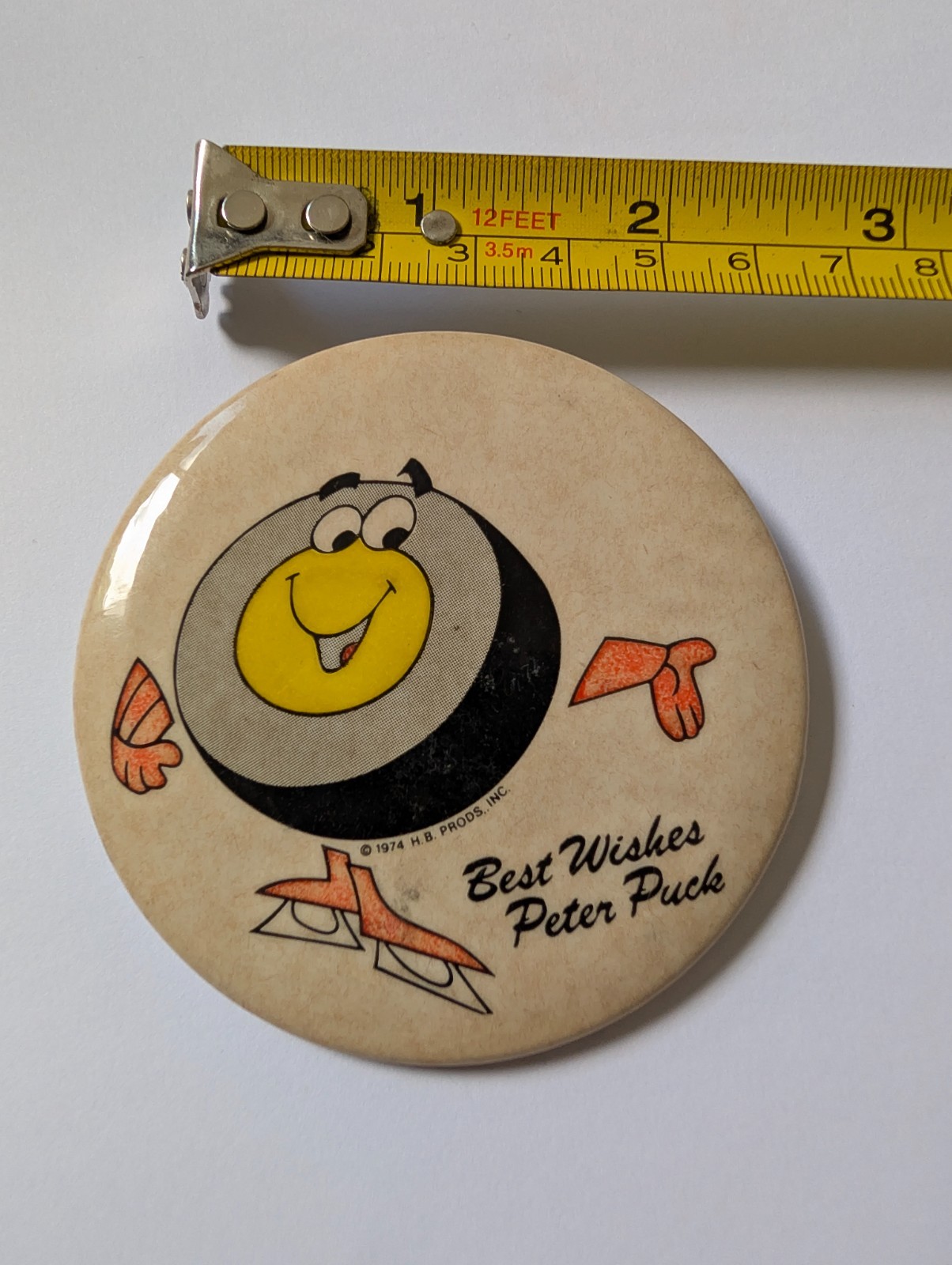 Vintage Pin Pinback Button Best Wishes Peter Puck NHL Hockey Mascot 1974