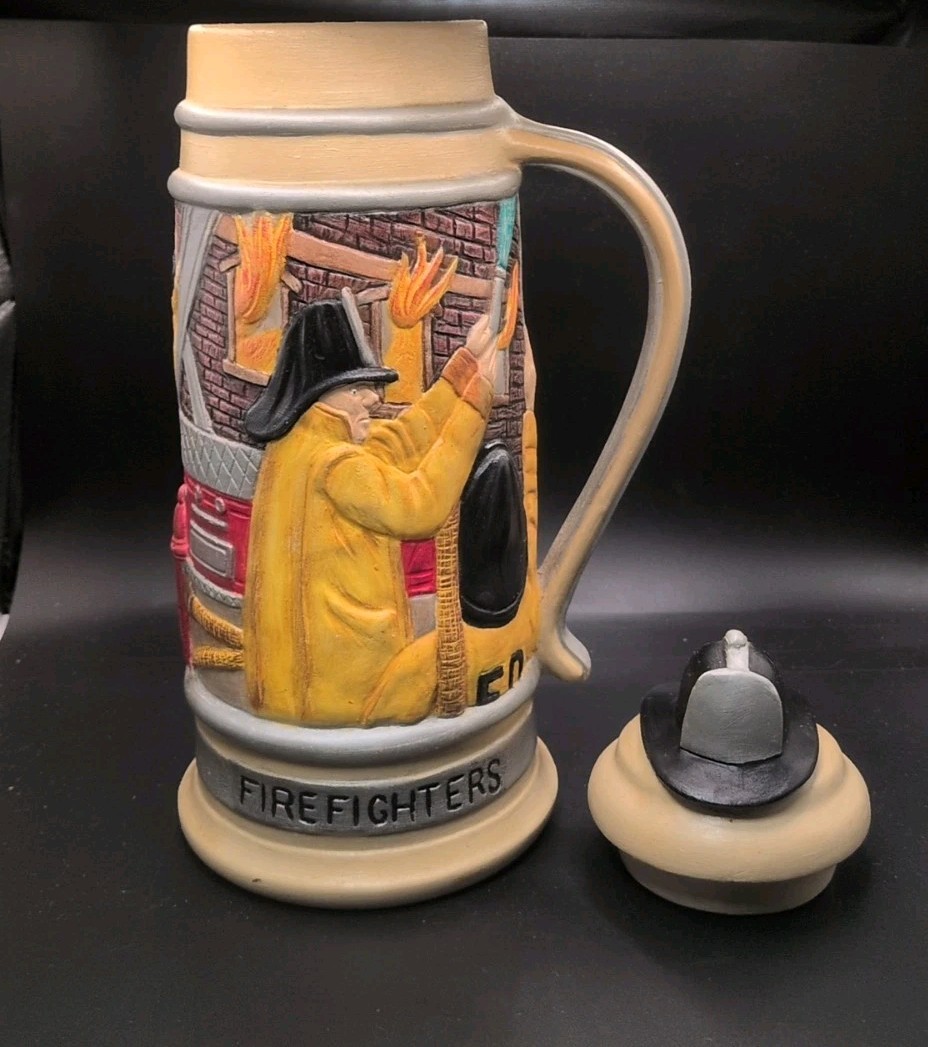 Rare Firefighters Answer The Call Beer Stein Mug Vintage Tall 802 With Lid B418