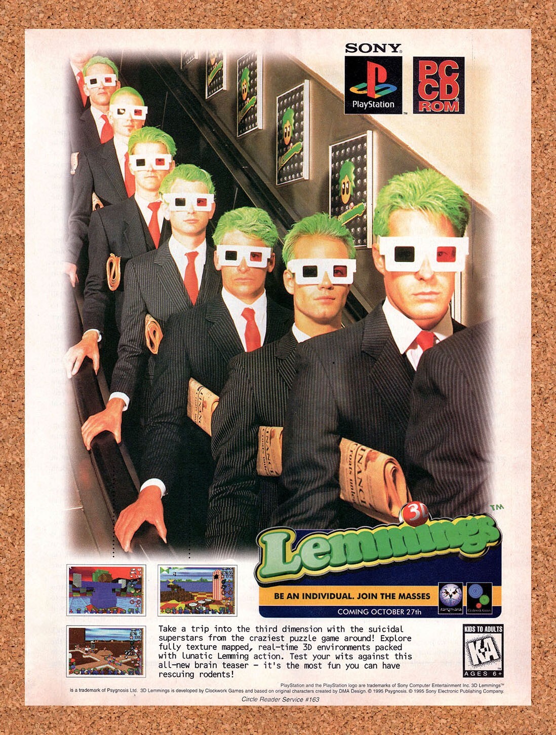 1995 3D Lemmings PC Original Advertisement / Retro Promo v1