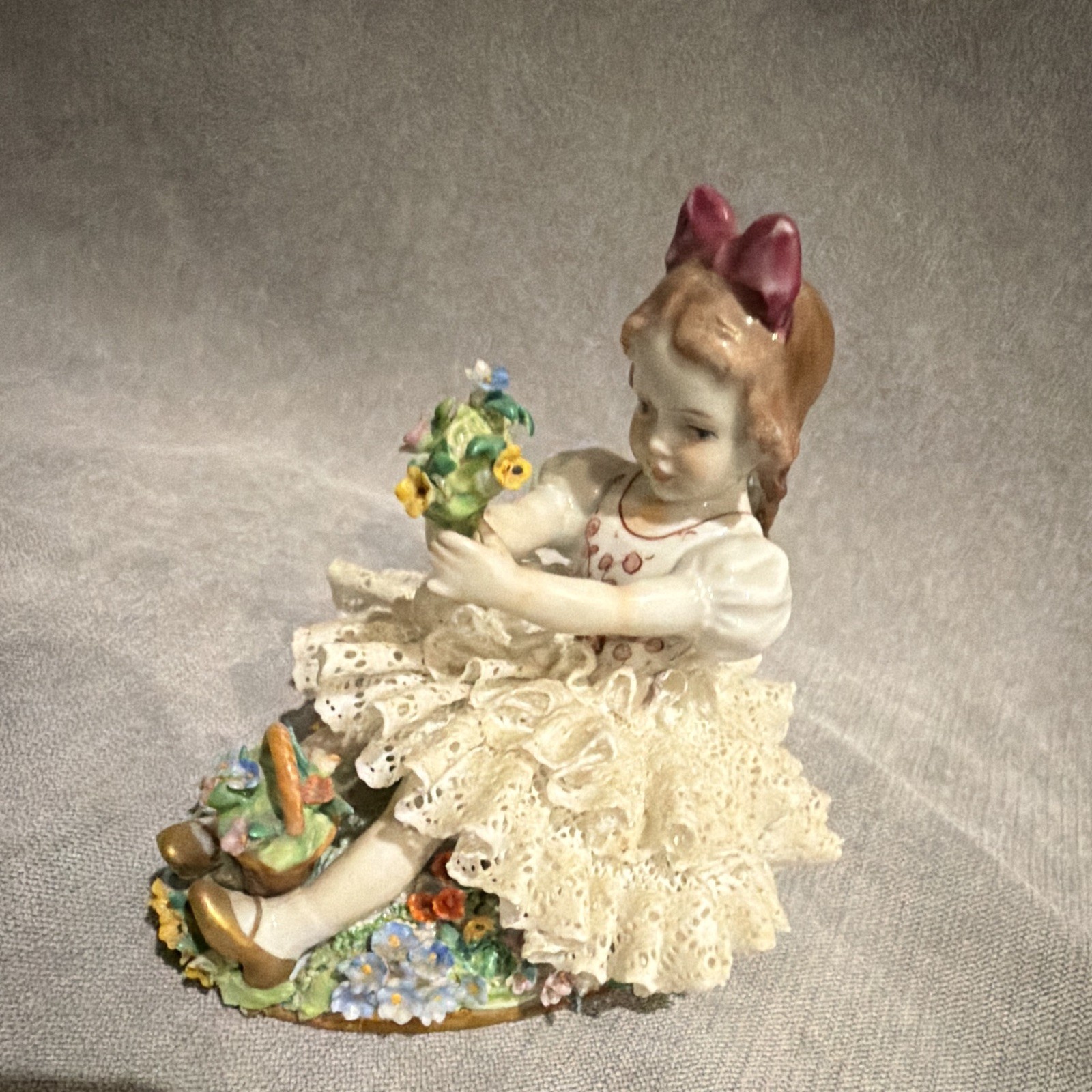 VTG Authentic Sitzendorf Miniature Porcelain Lace Figurine – Girl with Flowers