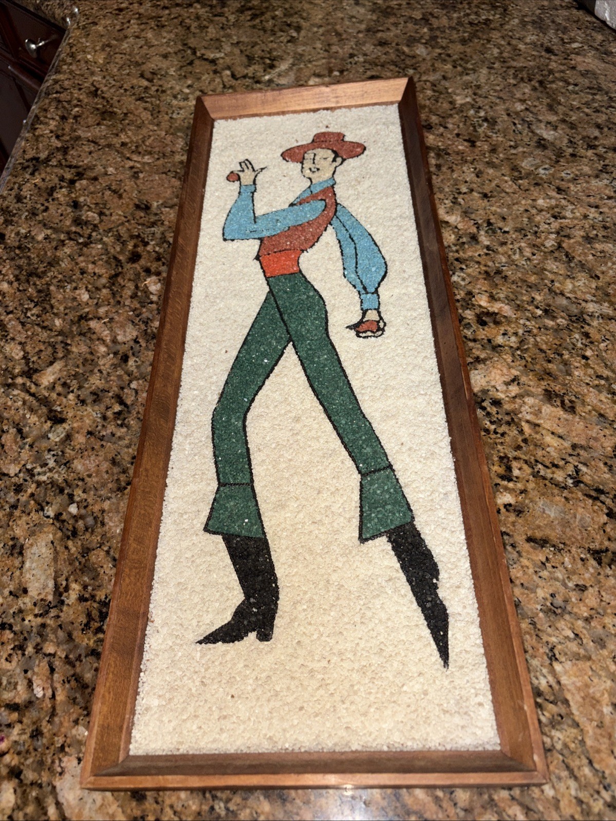 Vintage 1960s Spanish Man dancer Gravel Art MCM 25”x9” Wood Frame Wall Decor