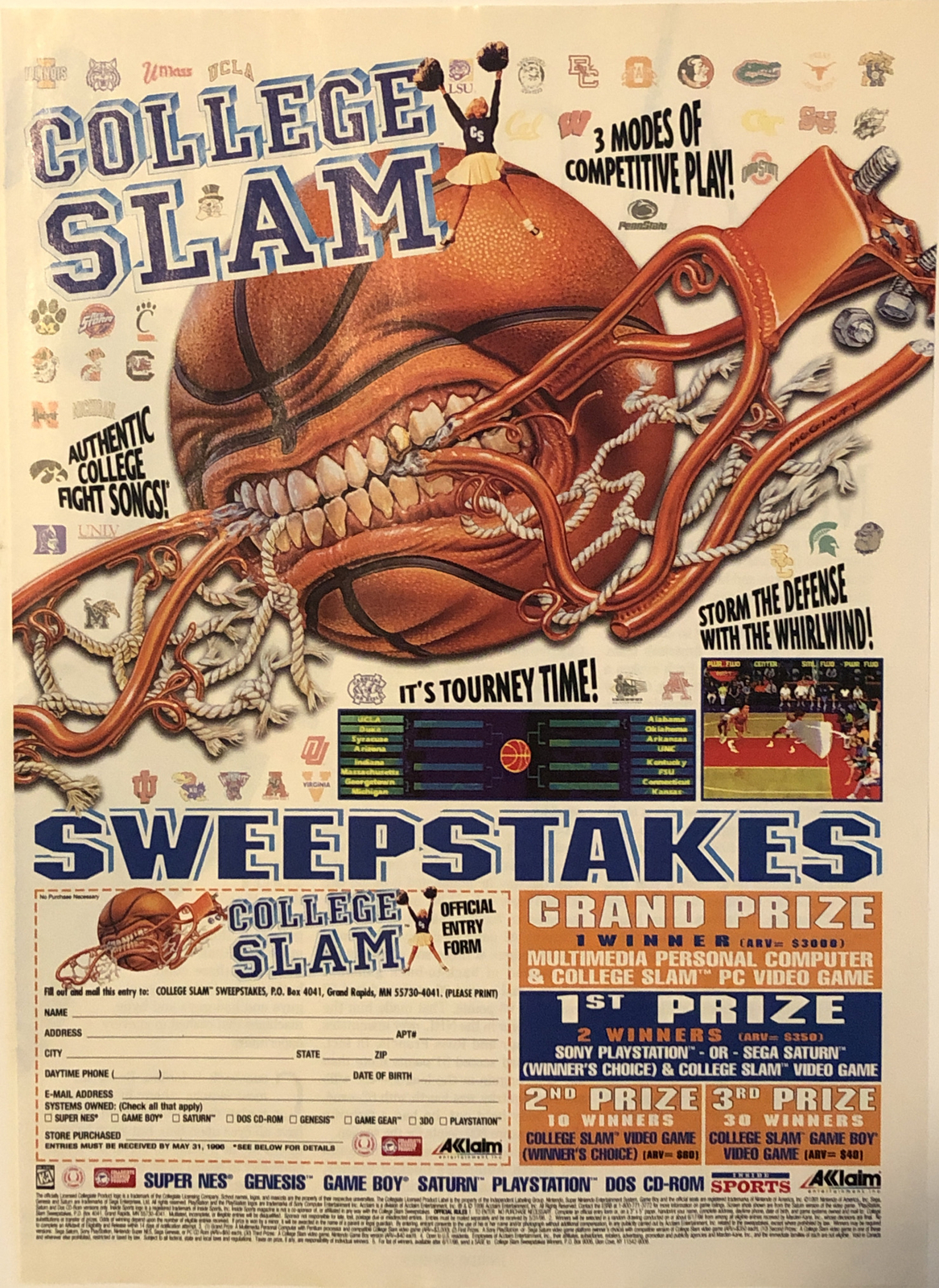 1996 College Slam Basketball PRINT AD Super NES Video Game Sweepstakes VTG 1990s
