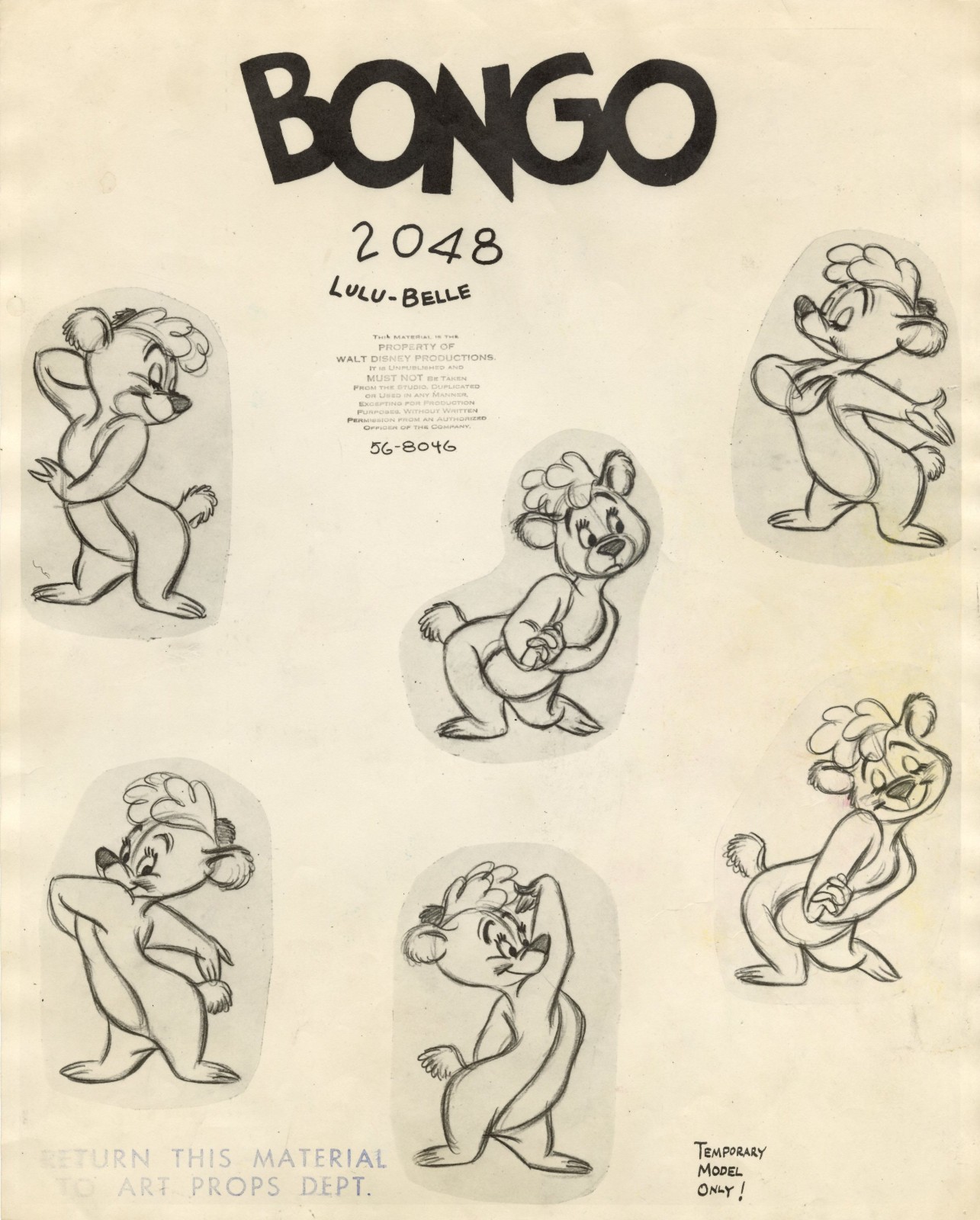 Disney: Fun and Fancy Free- LuLu-Belle- Original Stat Model Sheet w/Extra- 1947