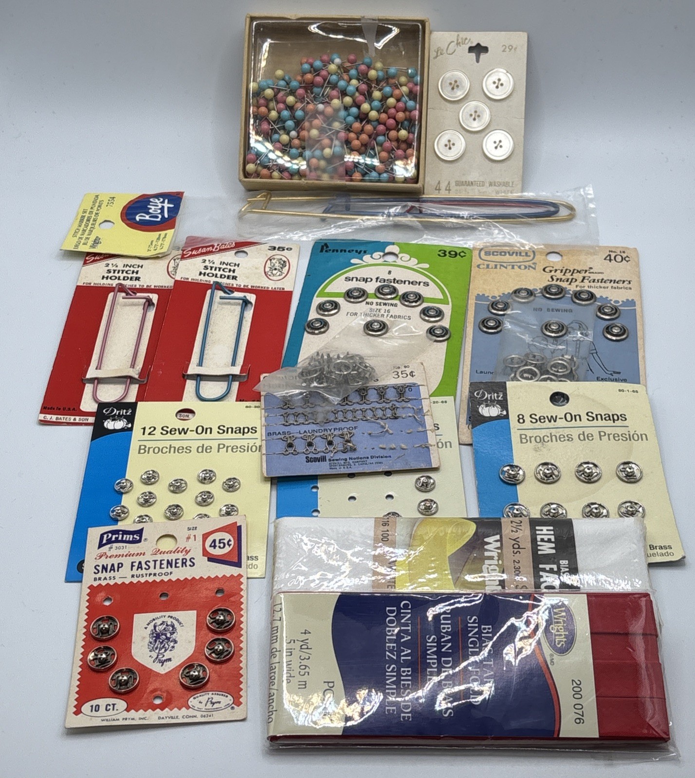 Vintage Sewing Notion Lot Fritz Wrights Civil Snap Fasteners Bias Tape Pins