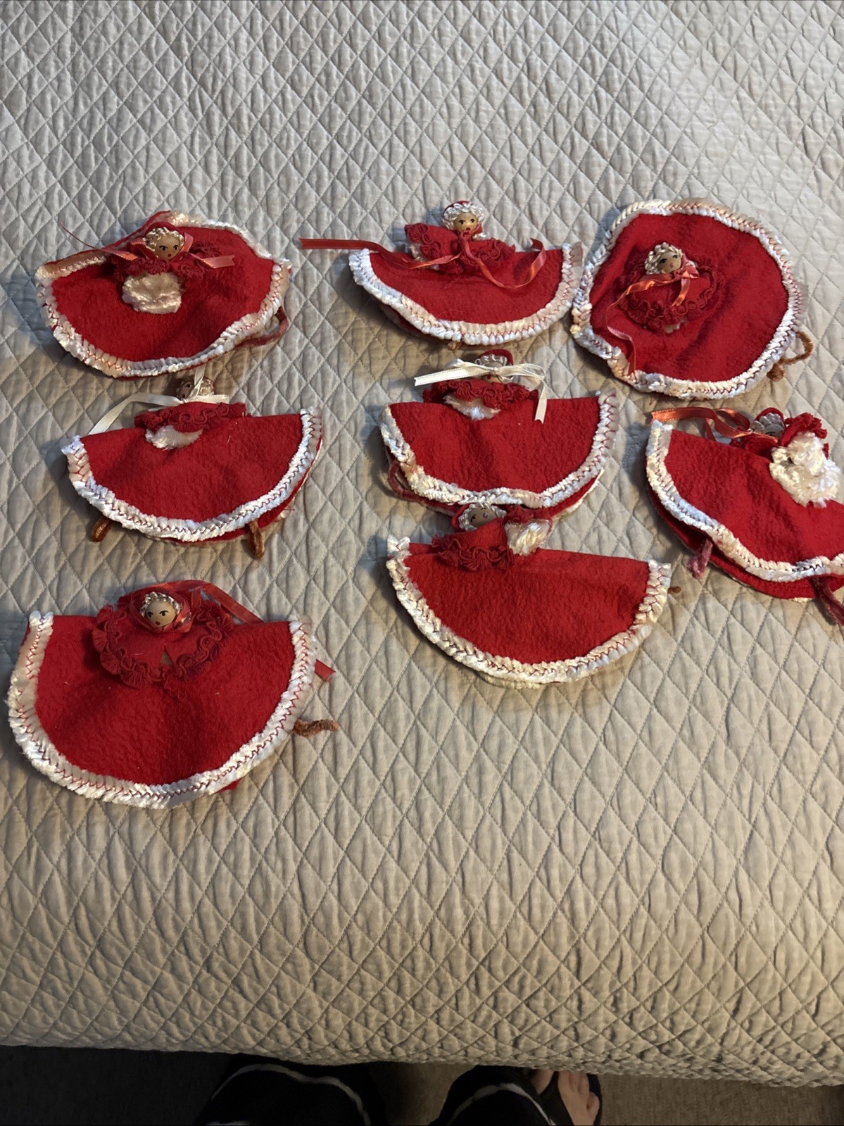 8 Vintage Mid Century Velvet And Pipe Cleaner Hand Made Christmas Ornaments