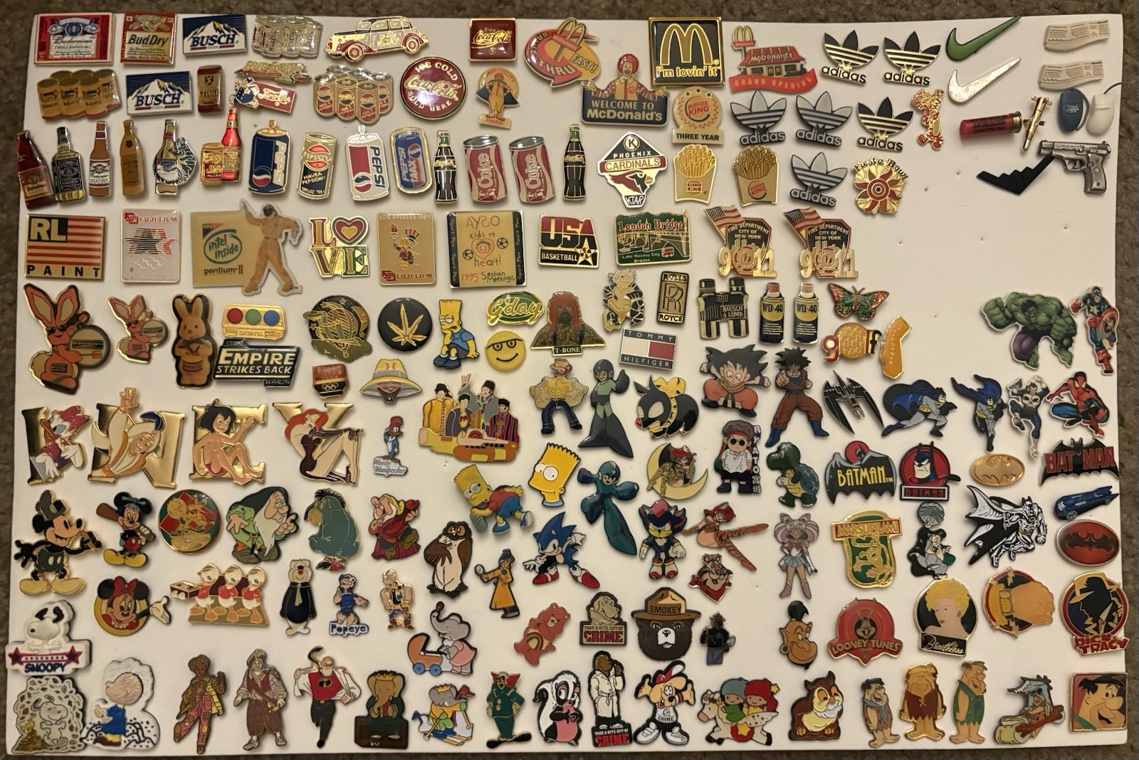 LOT OF 160+ VINTAGE PINS COKE MCDONALDS HARLEY COMIC BOOK FOOD BEER SONY 90S 80S
