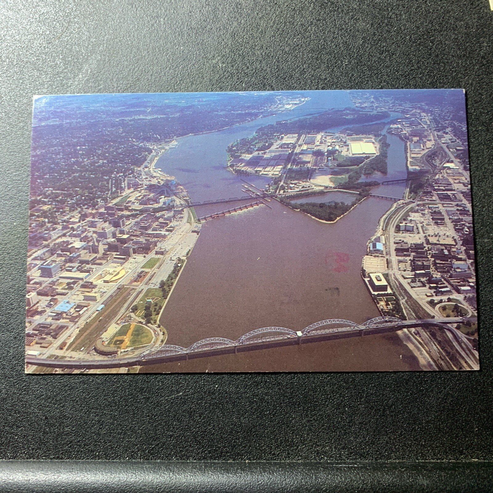 Vintage Postcard Iowa Illinois Quad Cities Aerial View Mississippi River Bridges