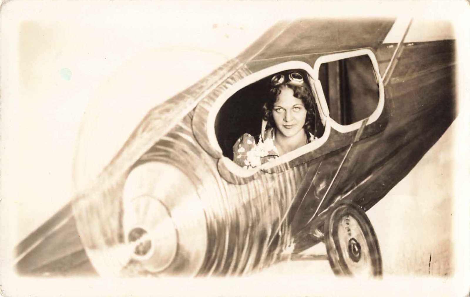 1920s-30s RPPC Woman Aviator Arcade Photo Postcard Painted Airplane Backdrop