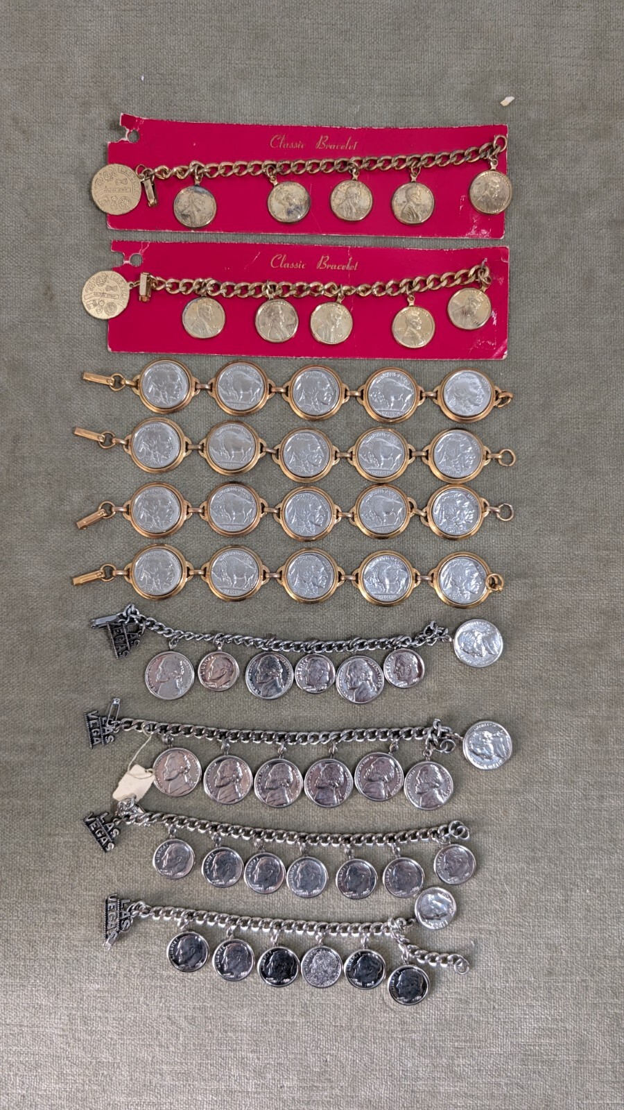Lot of 10 Coins bracelets Vintage Nickels Dimes Pennie Indian Head