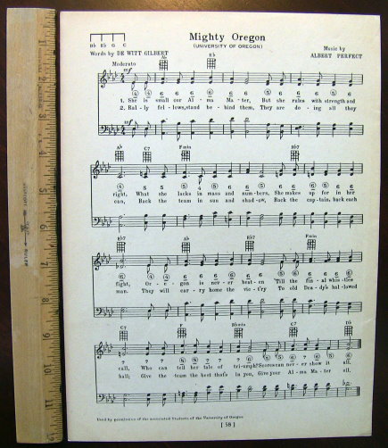 UNIVERSITY OF OREGON Vintage Song Sheet c1929 \