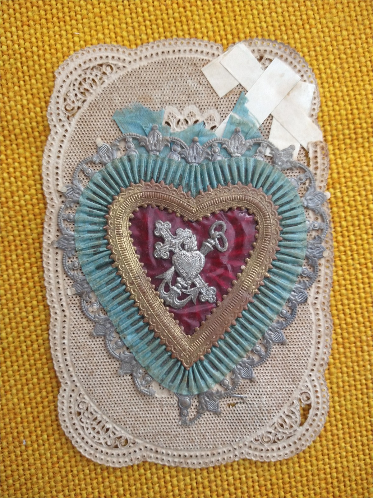 🌹 Rare 1870’s Victorian Valentine Card – Paper Lace, Velvet, Metallic Thread –