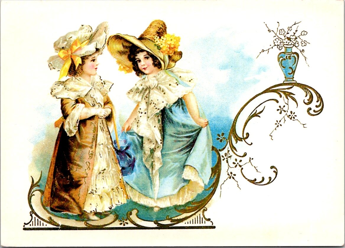 Vintage Victorian Girls in Hats Illustration Continental Postcard B322