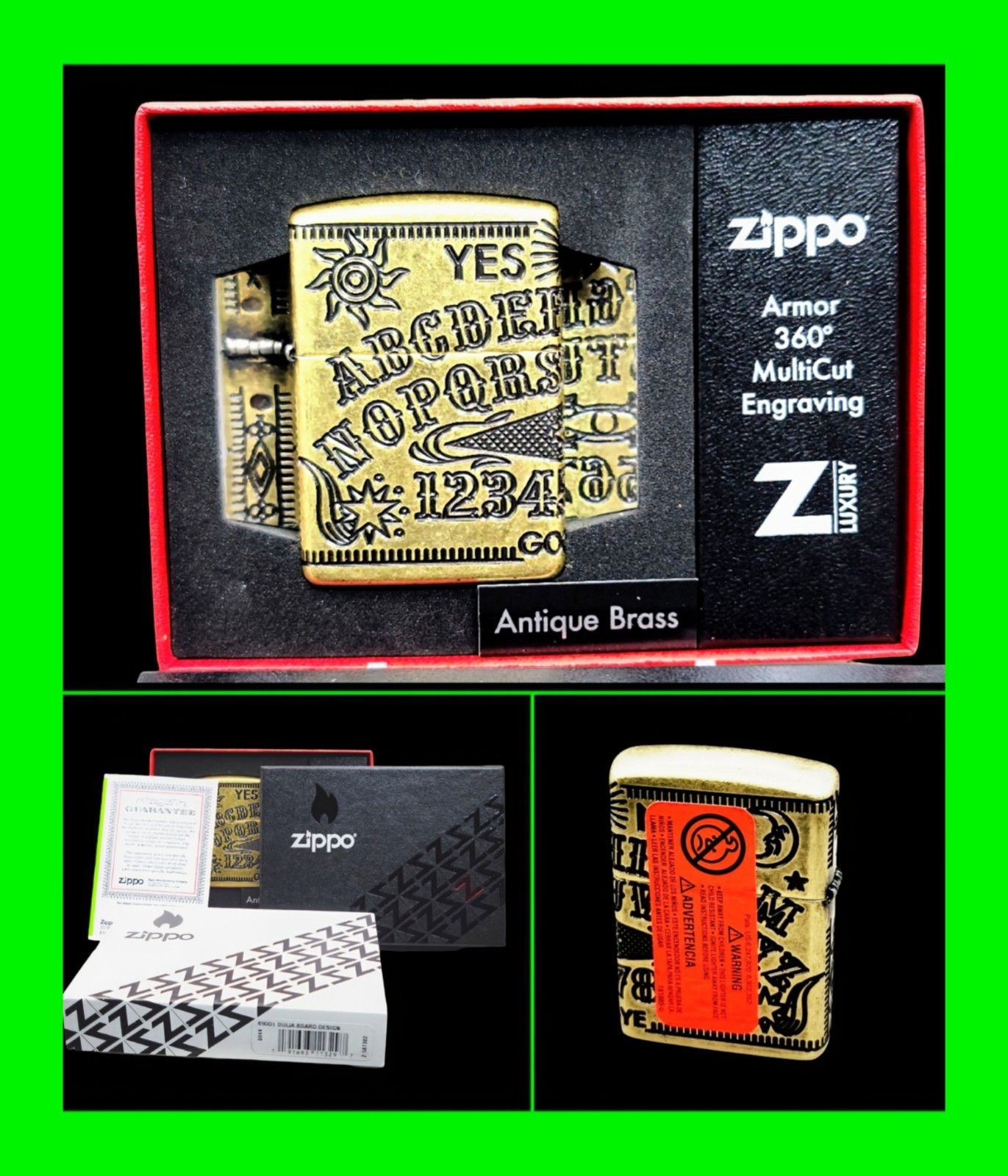 Unfired Zippo Armor Ouija Board Deep Carved Multi-Cut Lighter w/ Box And Papers 
