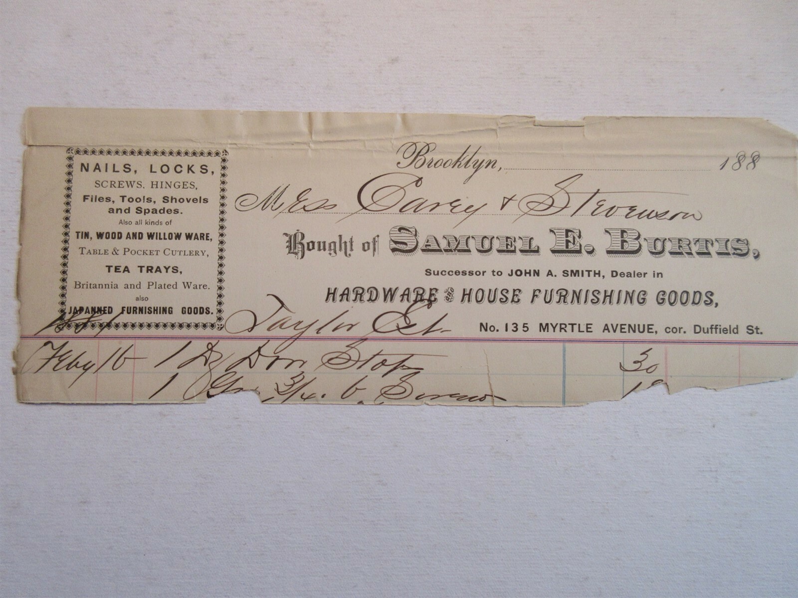 1880\'s Samuel E. Burtis Hardware & House Furnishings bill Myrtle Brooklyn NY