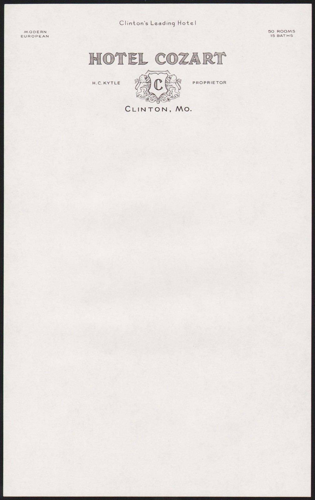 Vintage letterhead HOTEL COZART Clinton Missouri H C Kytle new old stock n-mint+