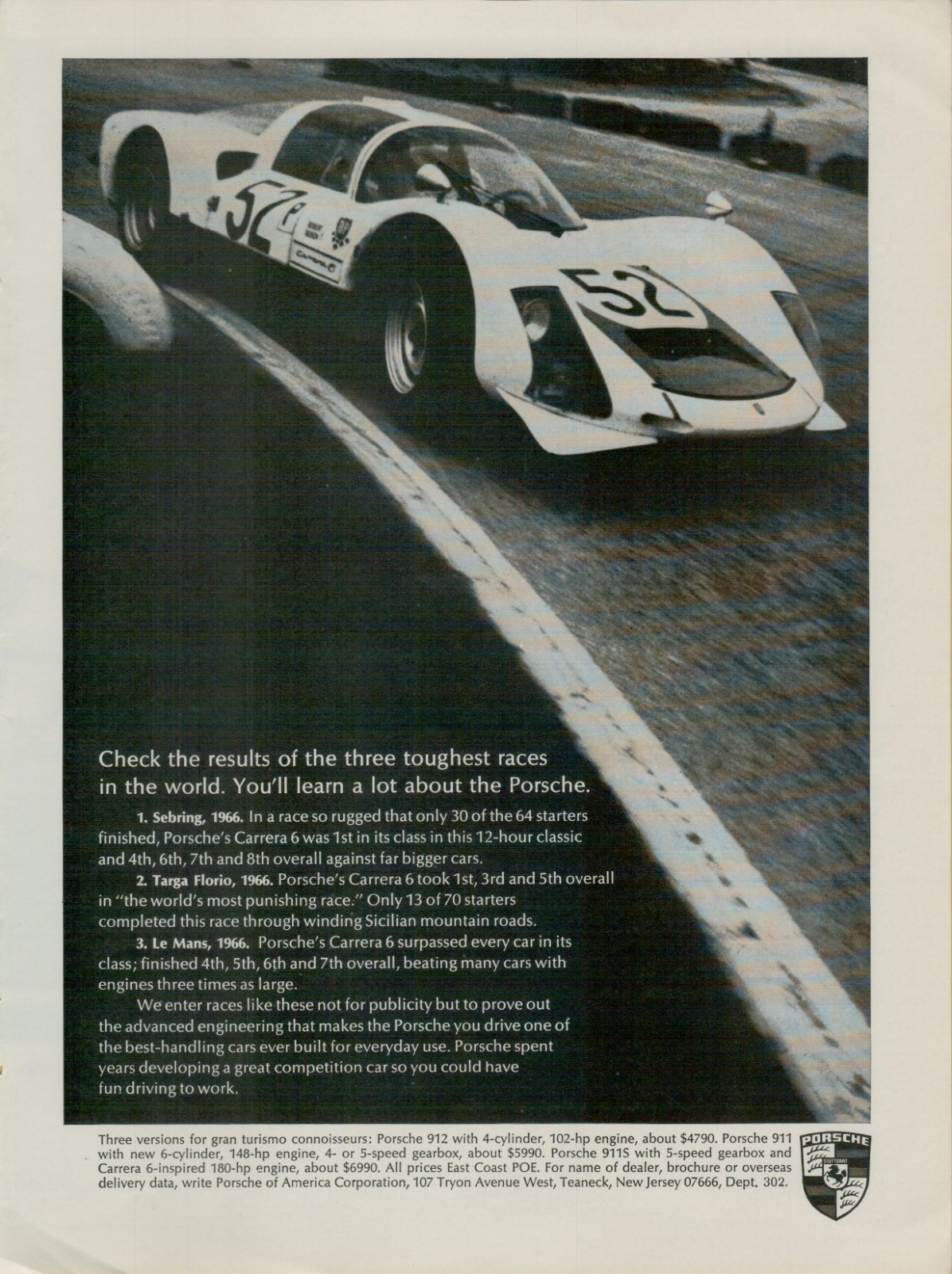 1967 Porsche Carrera 6 912 911 Sebring Targa Florio Le Mans VINTAGE PRINT AD