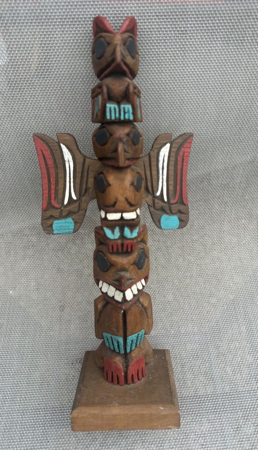 VTG 13” Hand Carved Painted Wood Totem Pole Thunderbird Northwest Coast Style