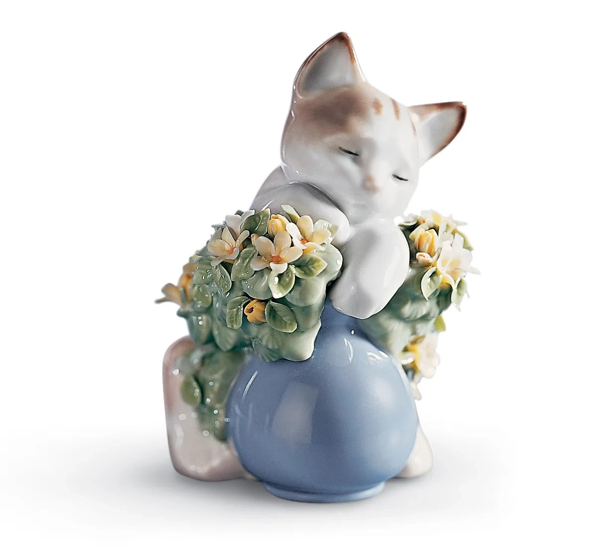 Lladró Porcelain Cat Figurine w/ Flowers & Blue Ball, Valencia España Box