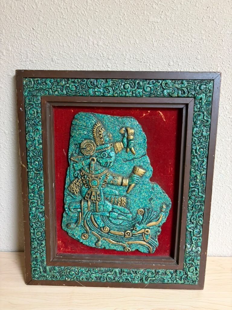 El Arte Azteca Vintage Mexican Mosaic Crushed Turquoise Plaque Framed Art 16\