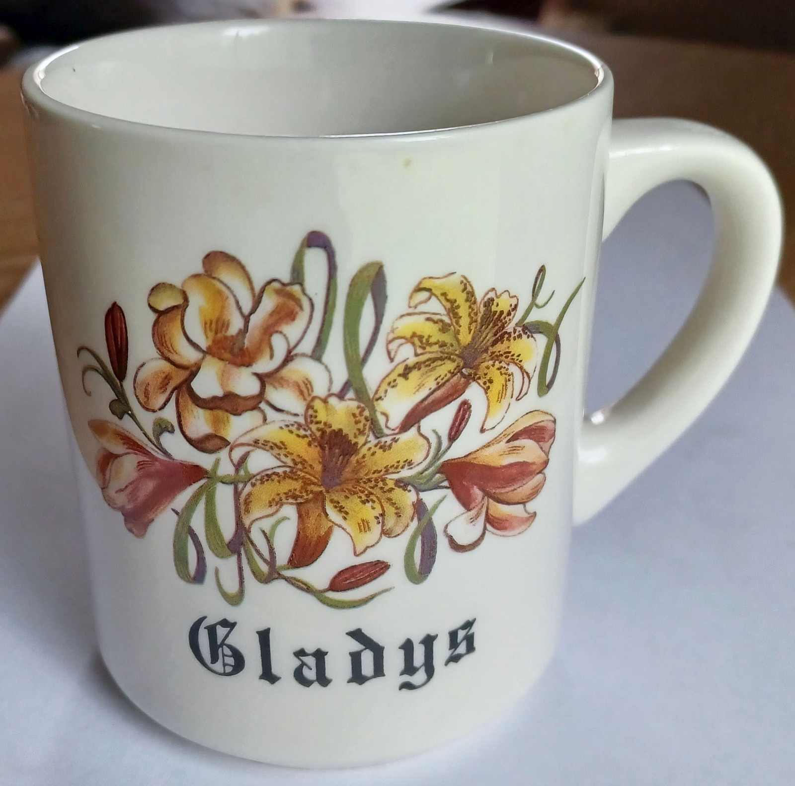 Vintage Gladys Name Mug Floral Lilies Personalized Coffee Cup 3.75”