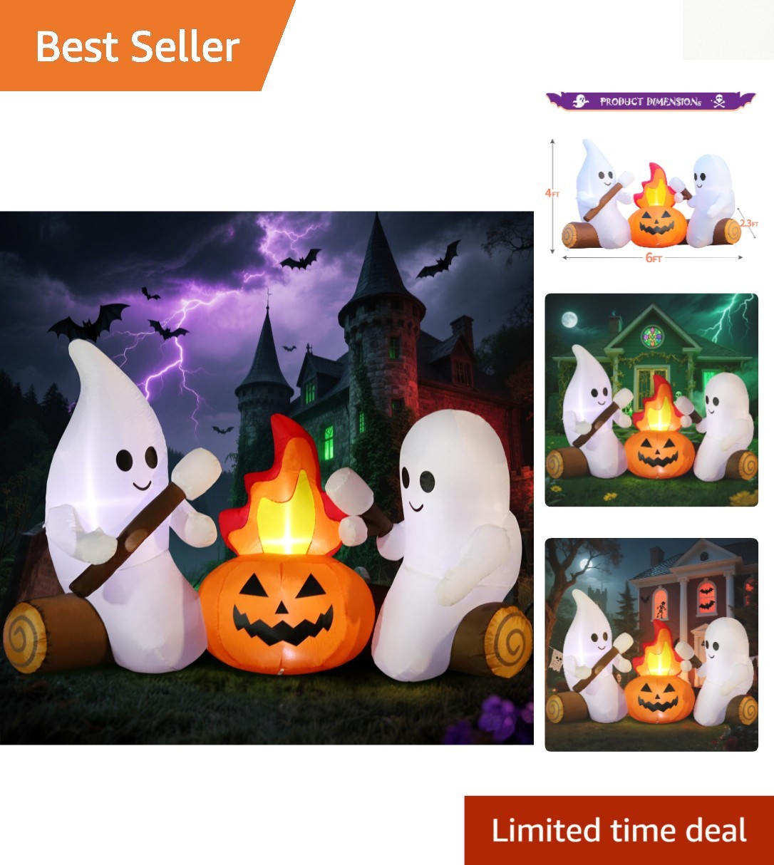 Cute 6FT Halloween Inflatable Ghosts with Built-in LEDs – Perfect Garden Décor