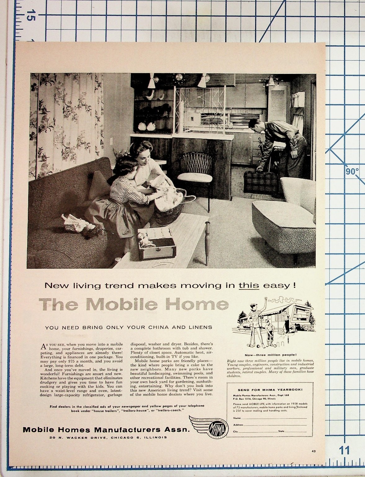 Vintage 1958 Mobile Home Manufacturers Ad Family Living Chicago Illinois