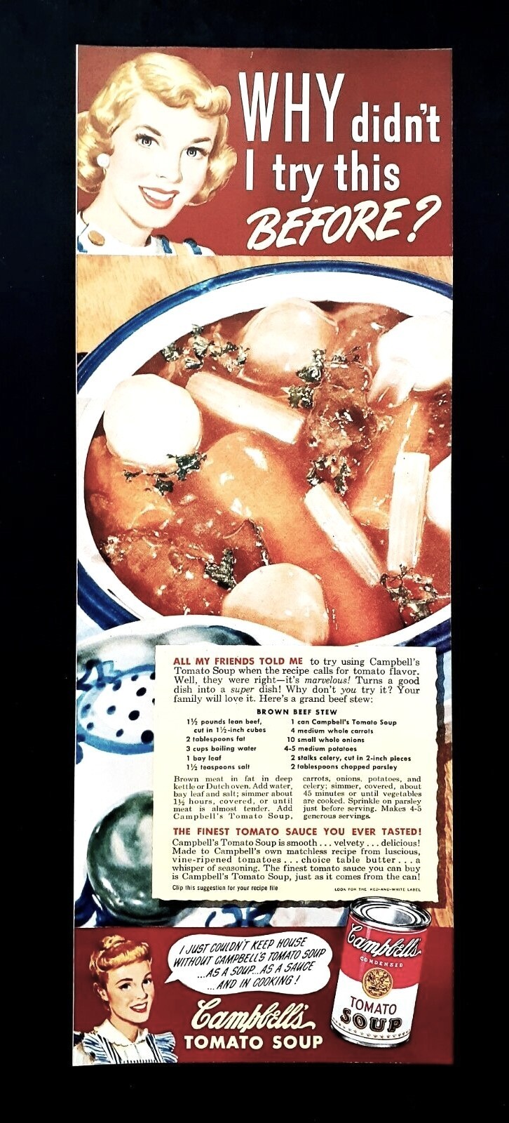 Campbell's tomato soup ad vintage 1949 original beef stew recipe advertisement 
