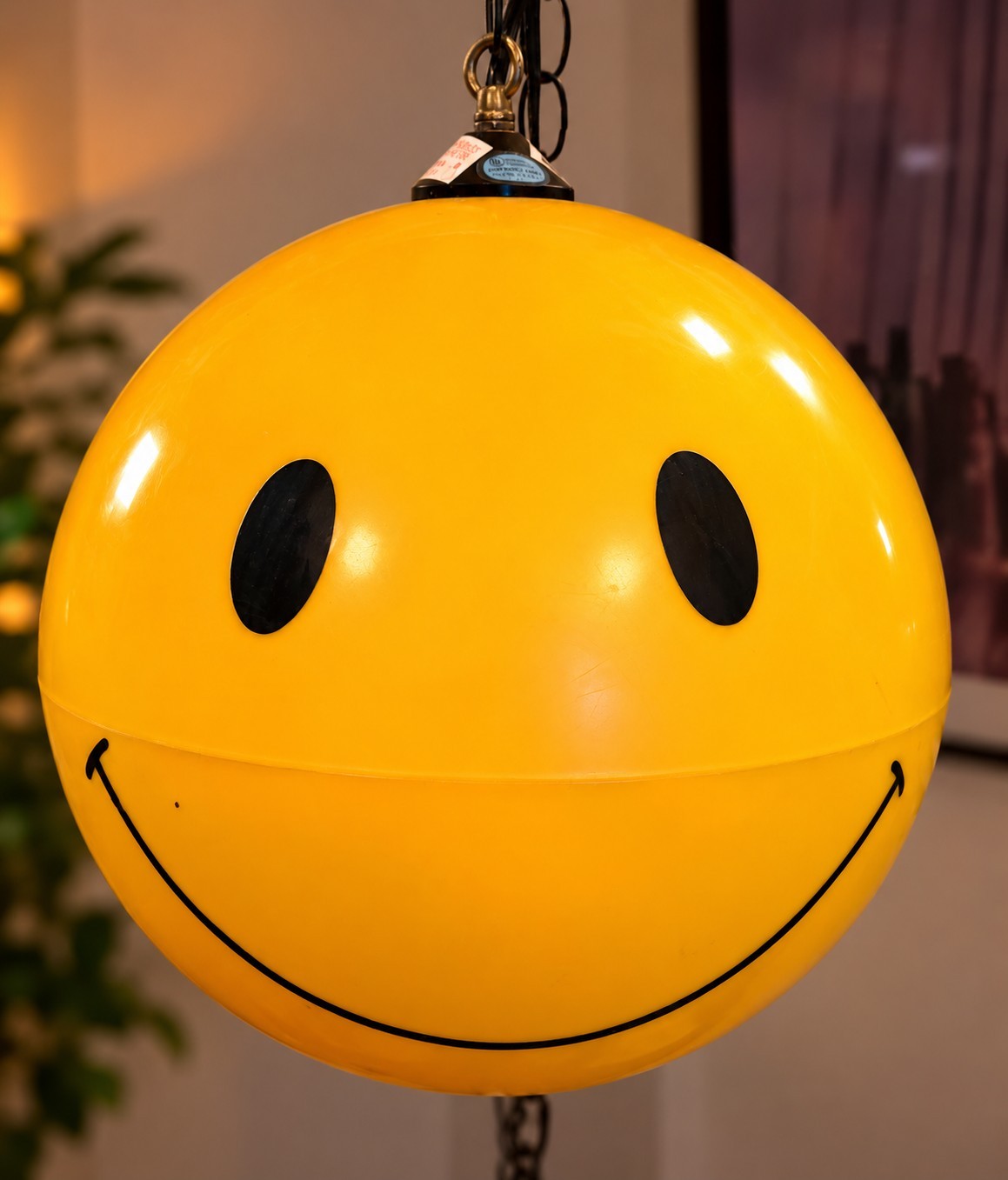 Vintage 70s Smiley Face Swag Hanging Lamp Light Yellow Plastic Retro Groovy RARE