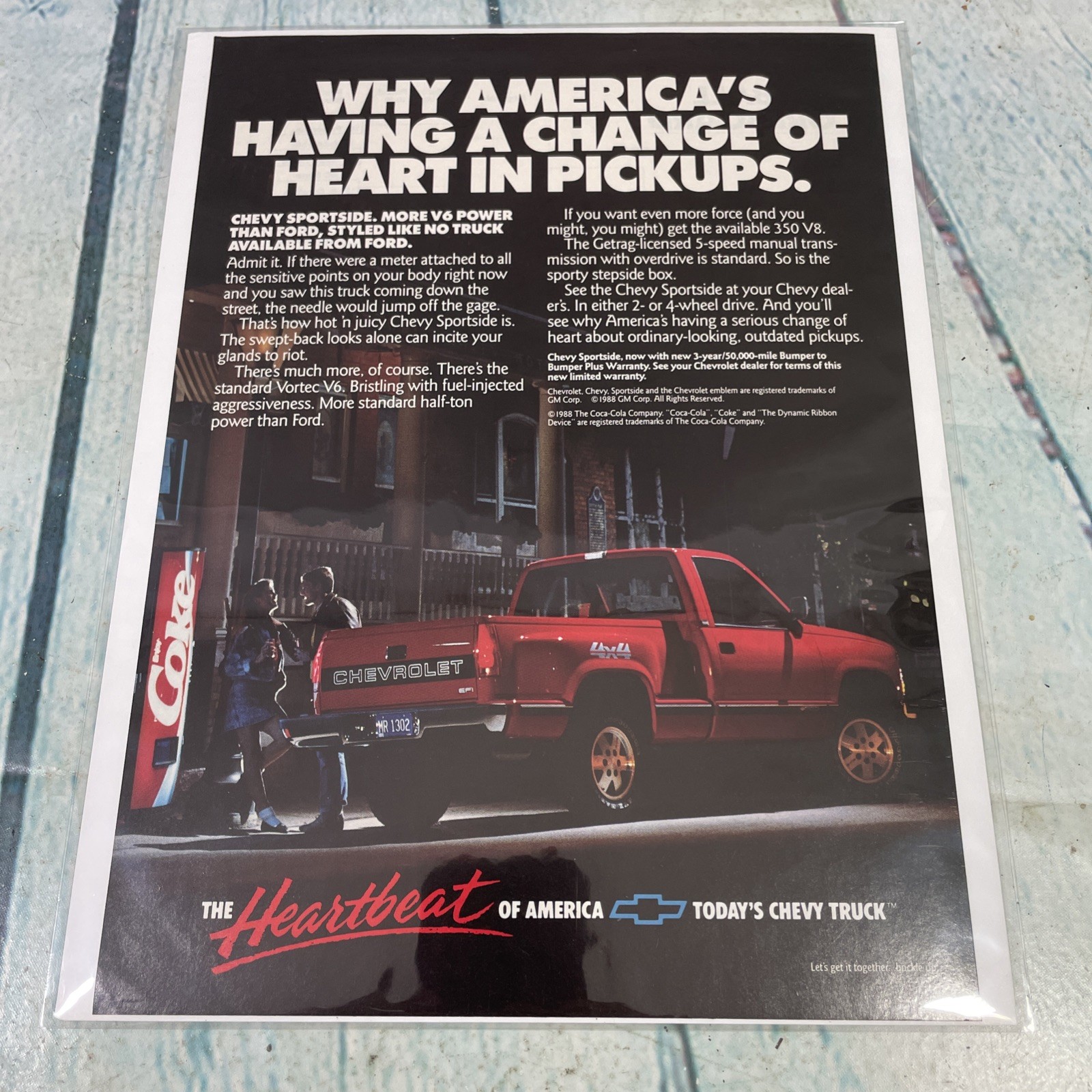 1989 Chevrolet Sportside Truck Vtg Print Ad/Poster Pinup Promo Art Magazine Page