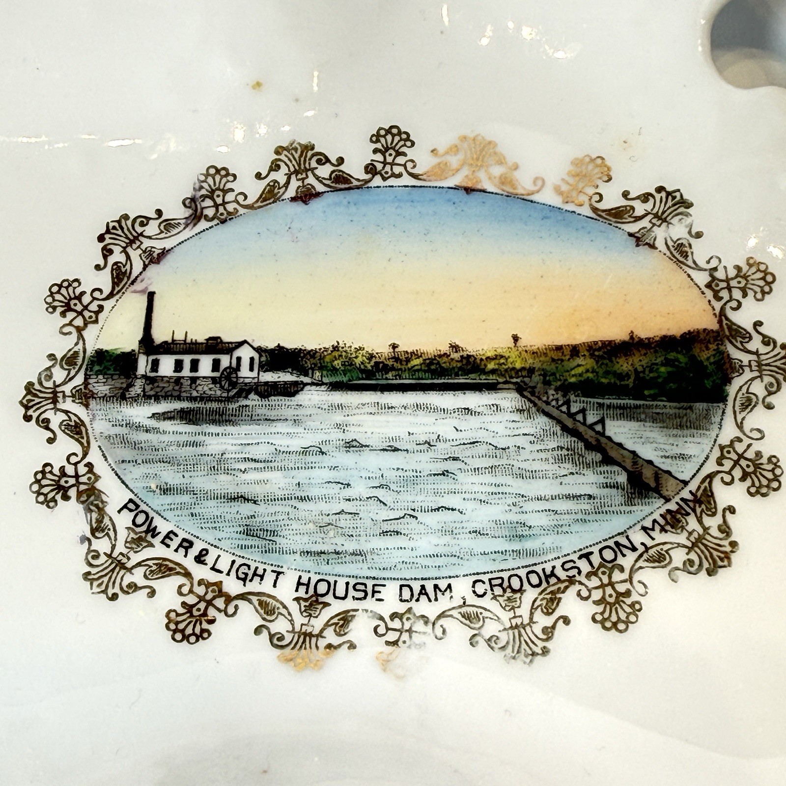 CROOKSTON MINNESOTA MN Antique LIGHT HOUSE DAM Souvenir TRINKET PAINTED DISH