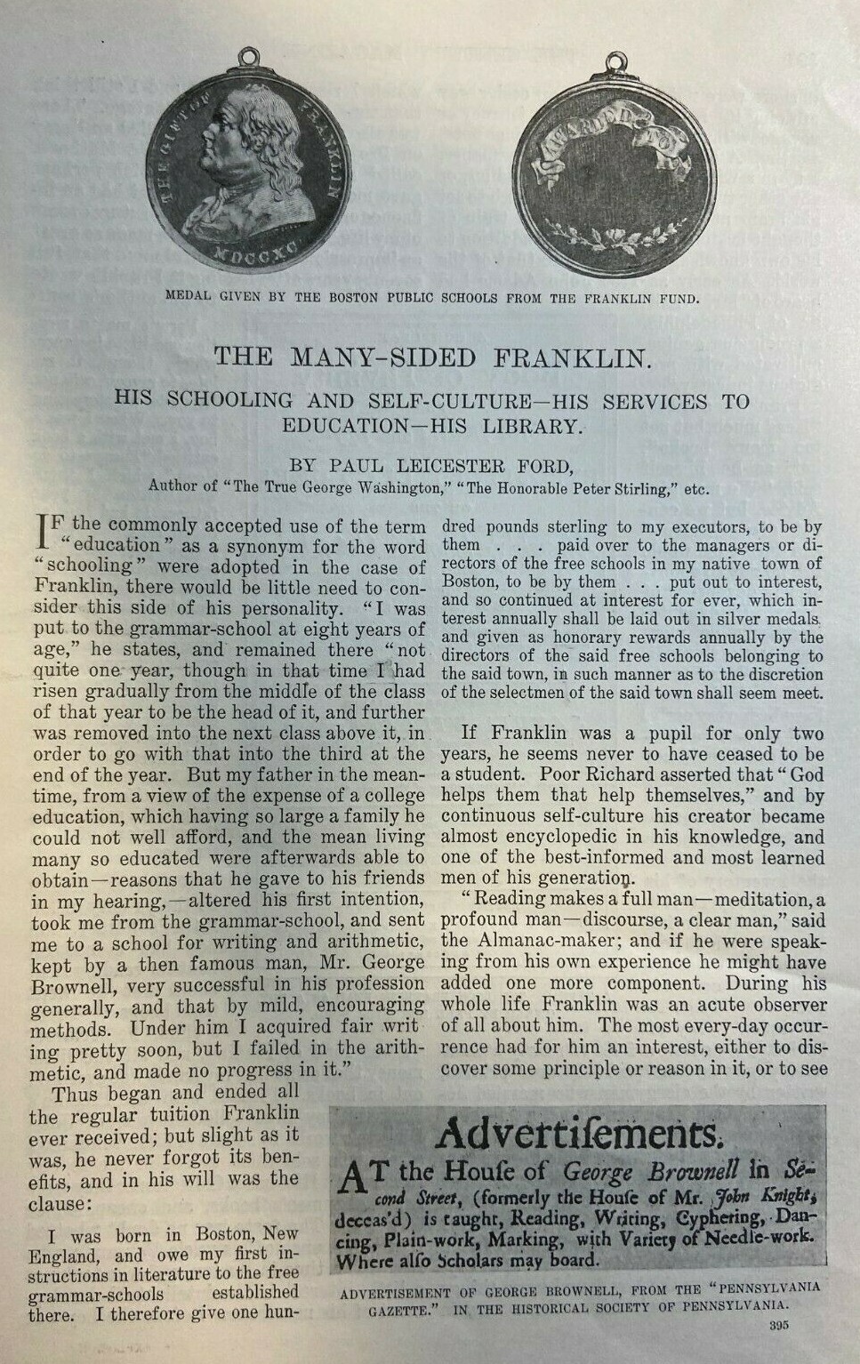 1899 Benjamin Franklin Services to Education and His Library