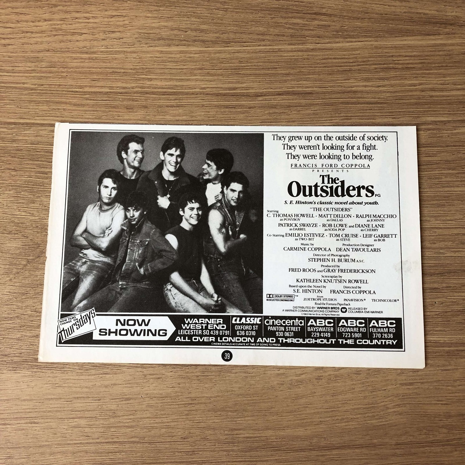 MUSIC29 MAGAZINE ADVERT 5X8 MATT DILLON IN THE OUTSIDERS