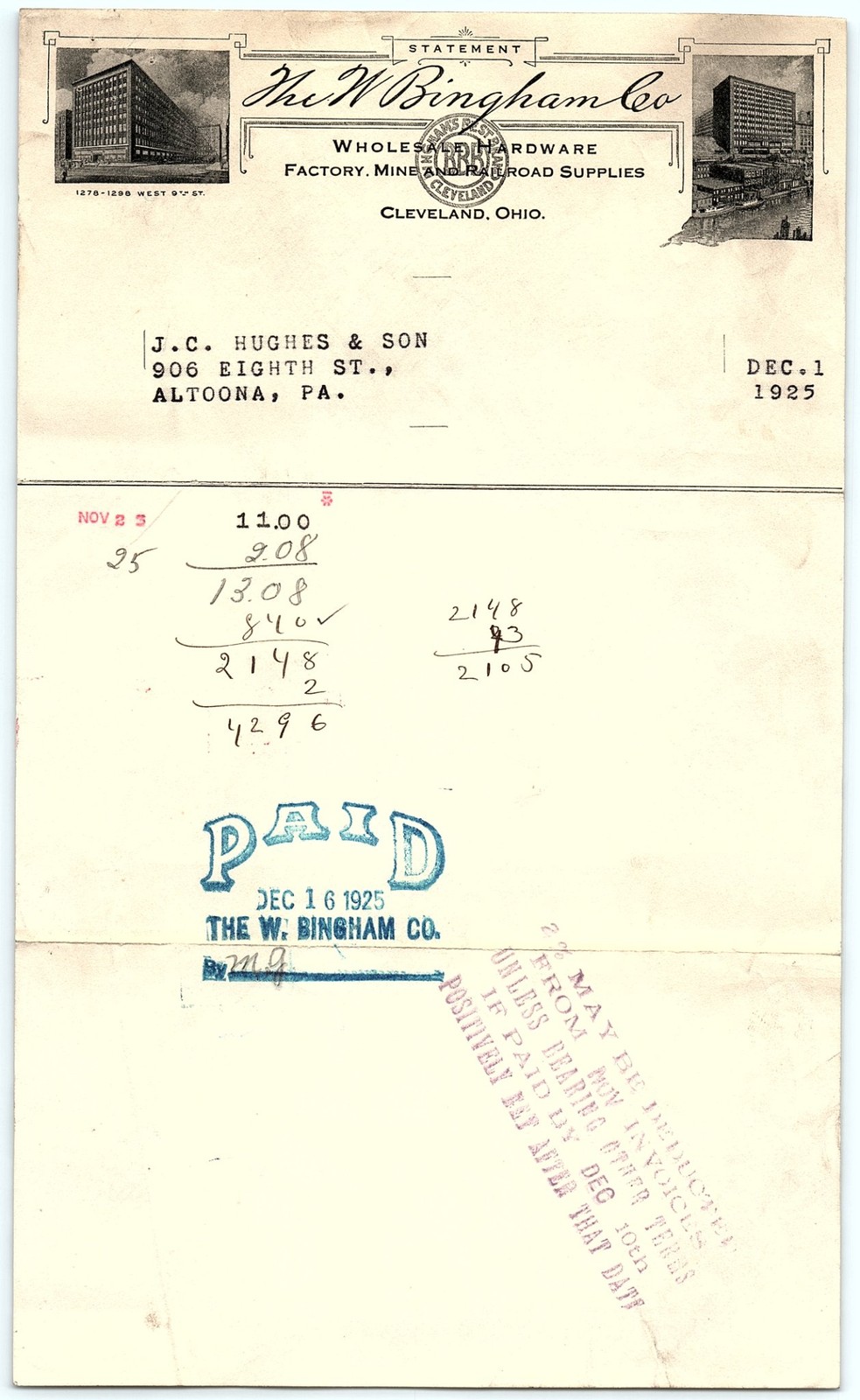 1925 The W. Bingham Co. Cleveland OH Hardware Billhead Paid