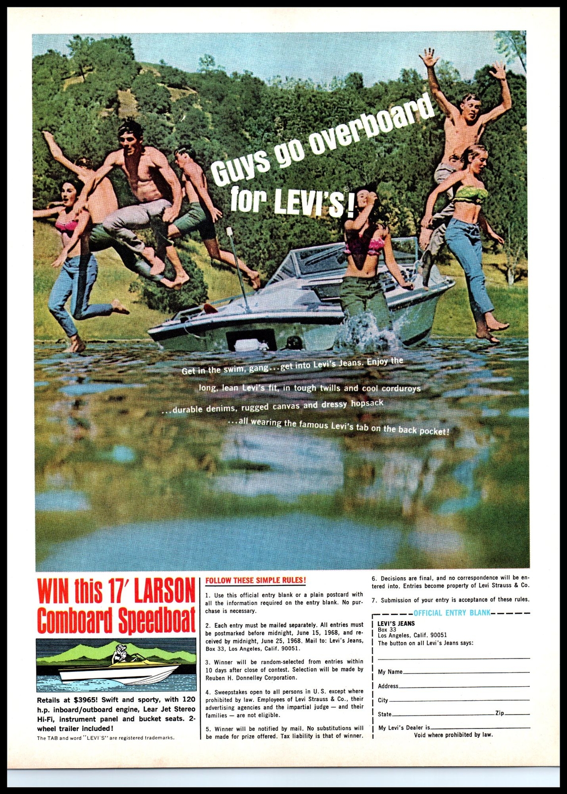 1968 Levi's Jeans Larson Comboard Speedboat Vintage Print Ad Lake Boating Art
