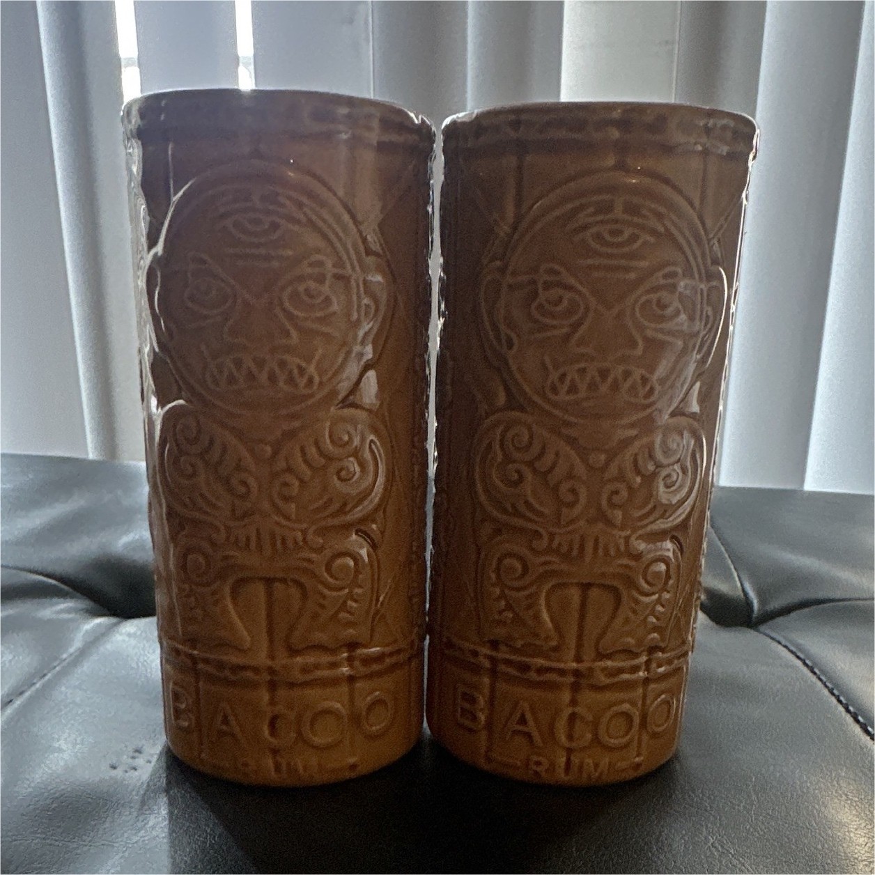 Bacardi 151 Embossed Tiki Style Brown Advertising Cups Set of 2