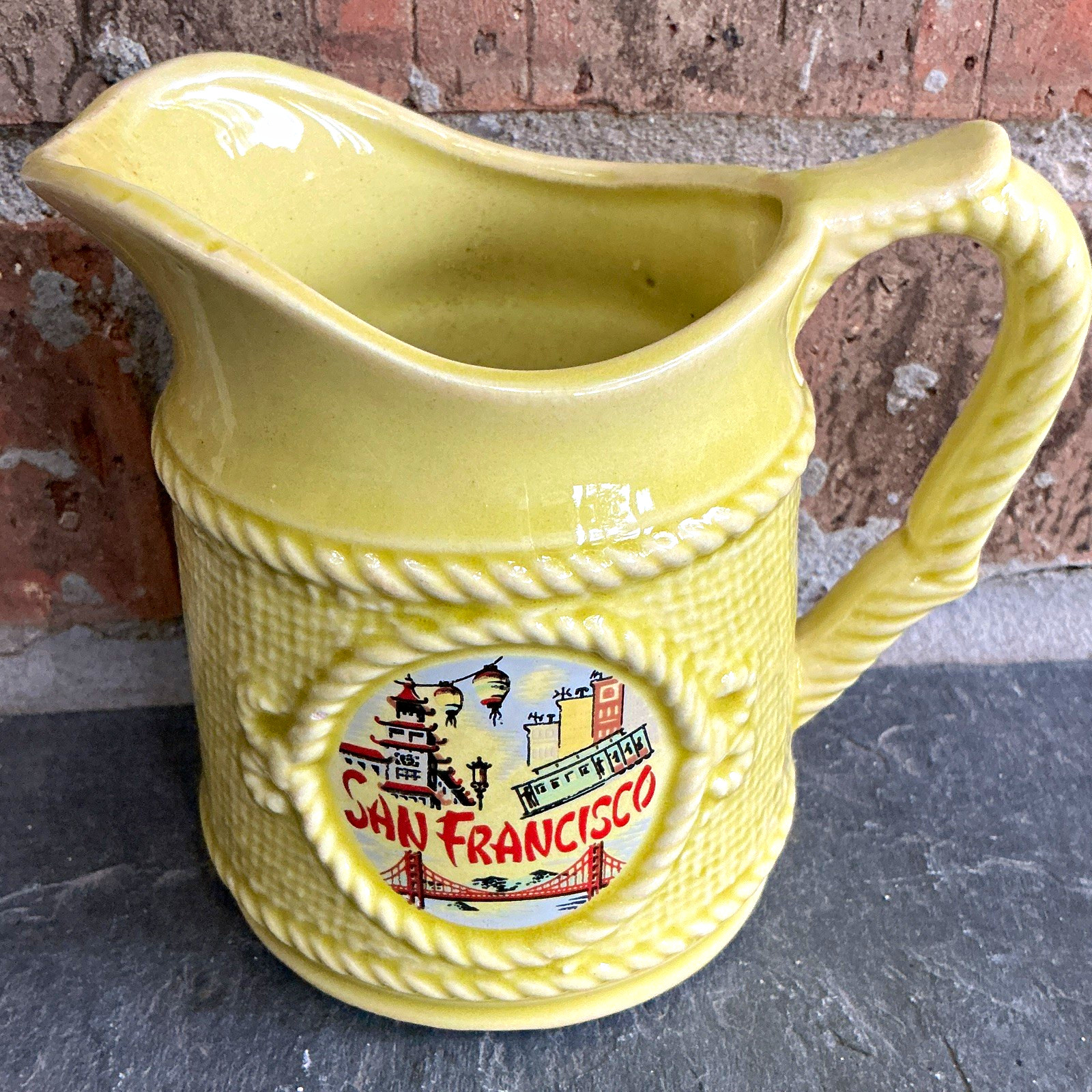 Vintage San Francisco California Yellow Ceramic Souvenir Pitcher