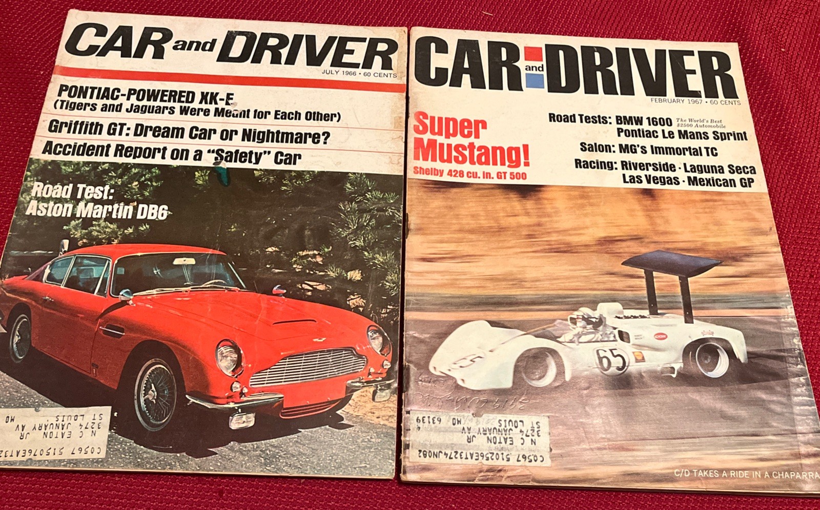 2 Car & Driver Magazines February 1967 July 1966 Shelby GT 500 Aston Martin DB6