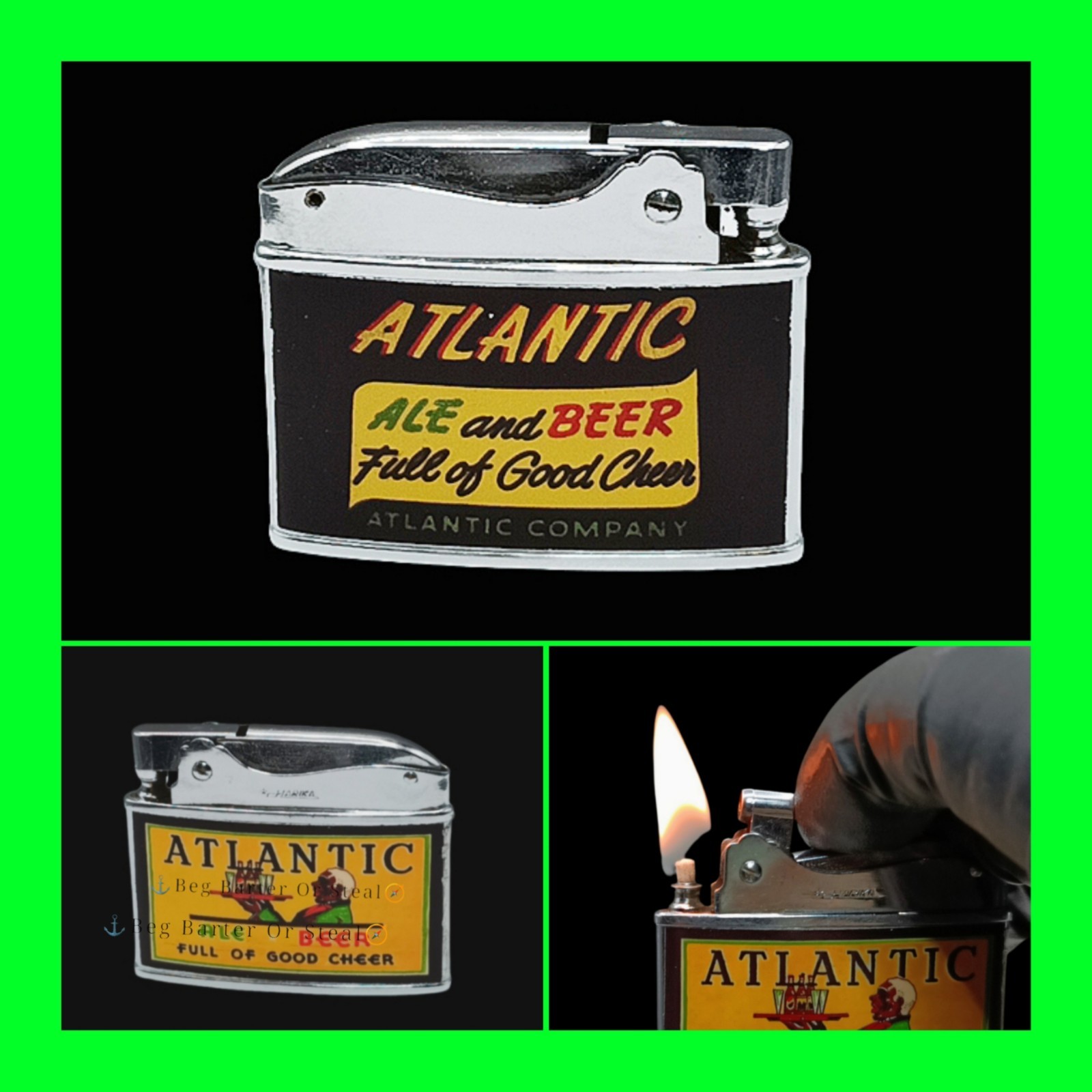 Vintage Atlantic Ale & Beer Flat Ad Cigarette Lighter In Working Condition RARE 