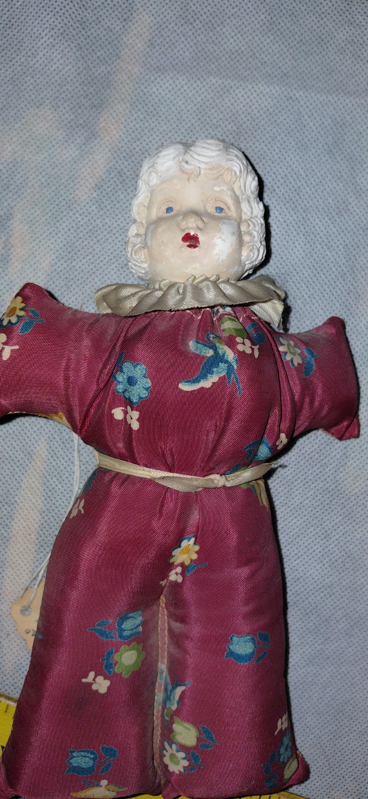 Vintage Plaster Head Cloth Pin Cushion Girl Doll 8 1/4\